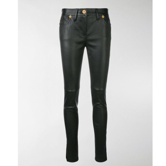 🎁 Versace Black High Waisted Skinny Leather Pants - Picture 3 of 14